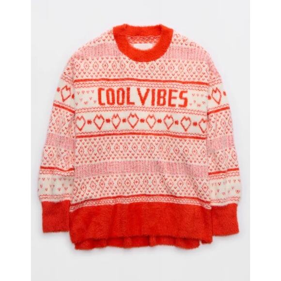 Aerie Flurry Oversized Red Fleece Crew Sweater XXL Graphic Heart Cool Vibes Cozy - Picture 5 of 12